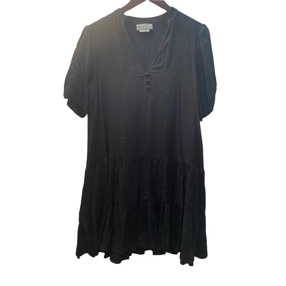 Anthropologie Black Jacquard Tiered Babydoll Mini Dress Womens Medium